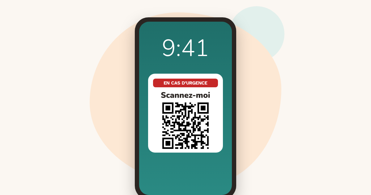 L’écran verrouillé d’un téléphone avec un QR code d’urgence et le texte : En cas d’urgence, scannez-moi