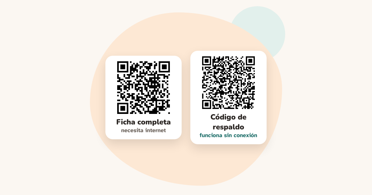 Dos códigos QR uno al lado del otro: la ficha completa, que necesita internet, y un código de respaldo que funciona sin conexión