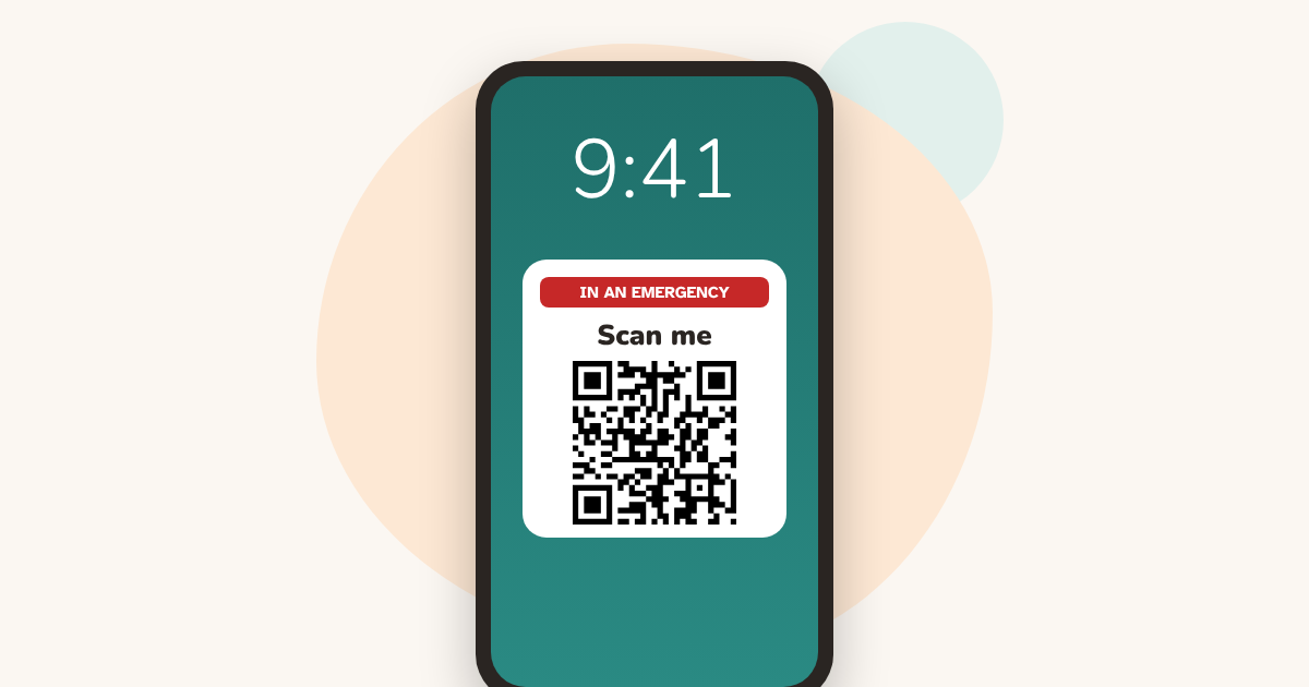 A phone lock screen showing an emergency QR code with the words: In an emergency, scan me