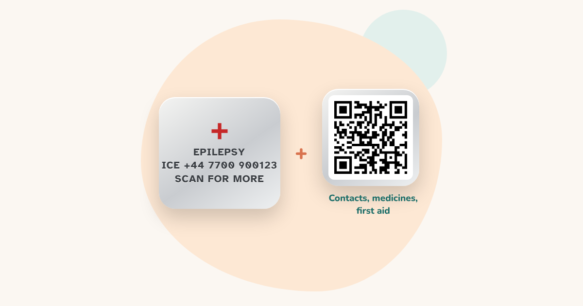 An engraved medical ID tag next to a tag with a QR code