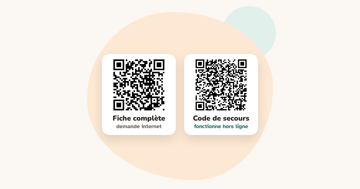 Deux QR codes côte à côte : la fiche complète, qui demande internet, et un code de secours qui fonctionne hors ligne