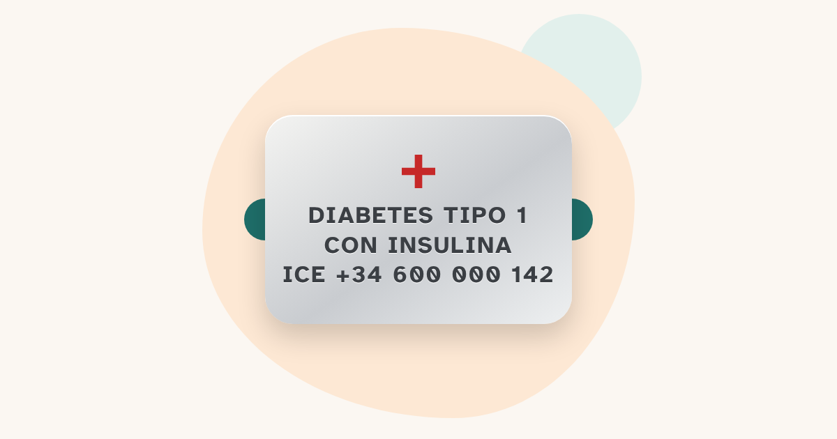 Una chapa médica grabada que dice: diabetes tipo 1, con insulina, ICE y un teléfono