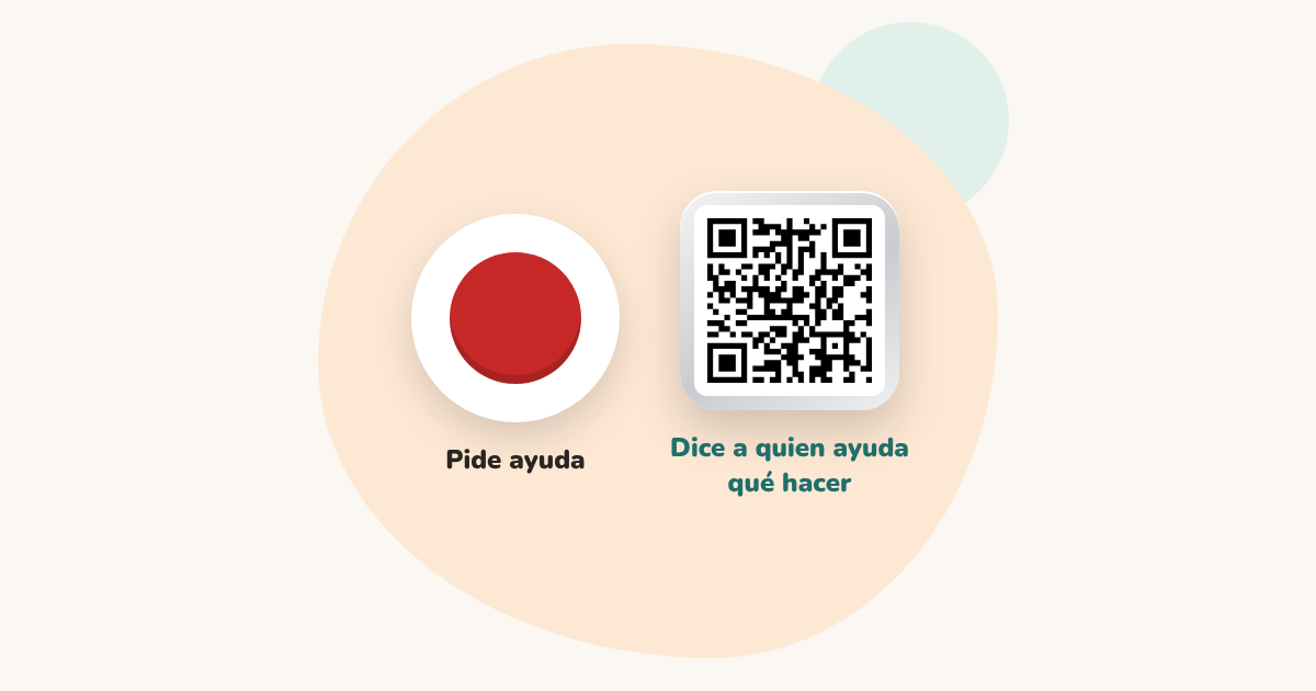 Un colgante de teleasistencia con botón rojo junto a una pulsera de identificación médica con código QR