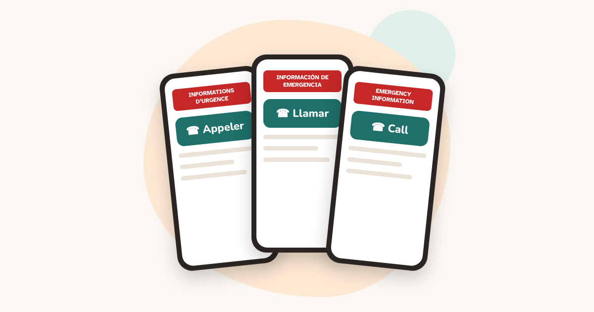 A phone showing the same emergency card in English, Spanish and French, next to a passport